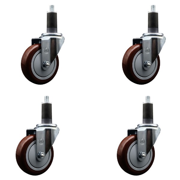 4'' SS Maroon Poly Wheel Swivel 1-1/4'' Expanding Stem Caster Set, 4PK